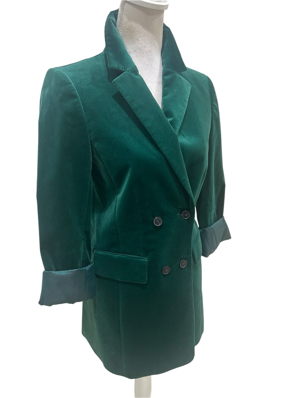 Talbots Emerald Green Velvet Double-Breasted longline lined Blazer size 4 - Picture 5 of 13
